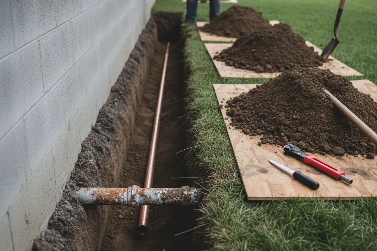 Excavated water line trench during Water Heater Repair in Auburndale